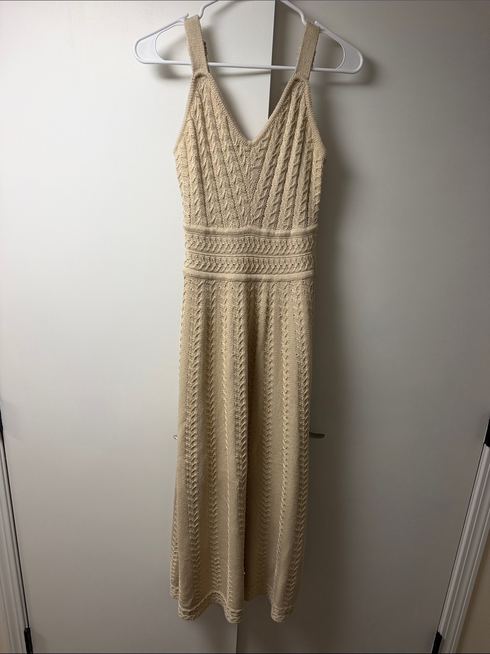 Cream Cable Knit V-Neck Maxi Dress with Waist Detailing